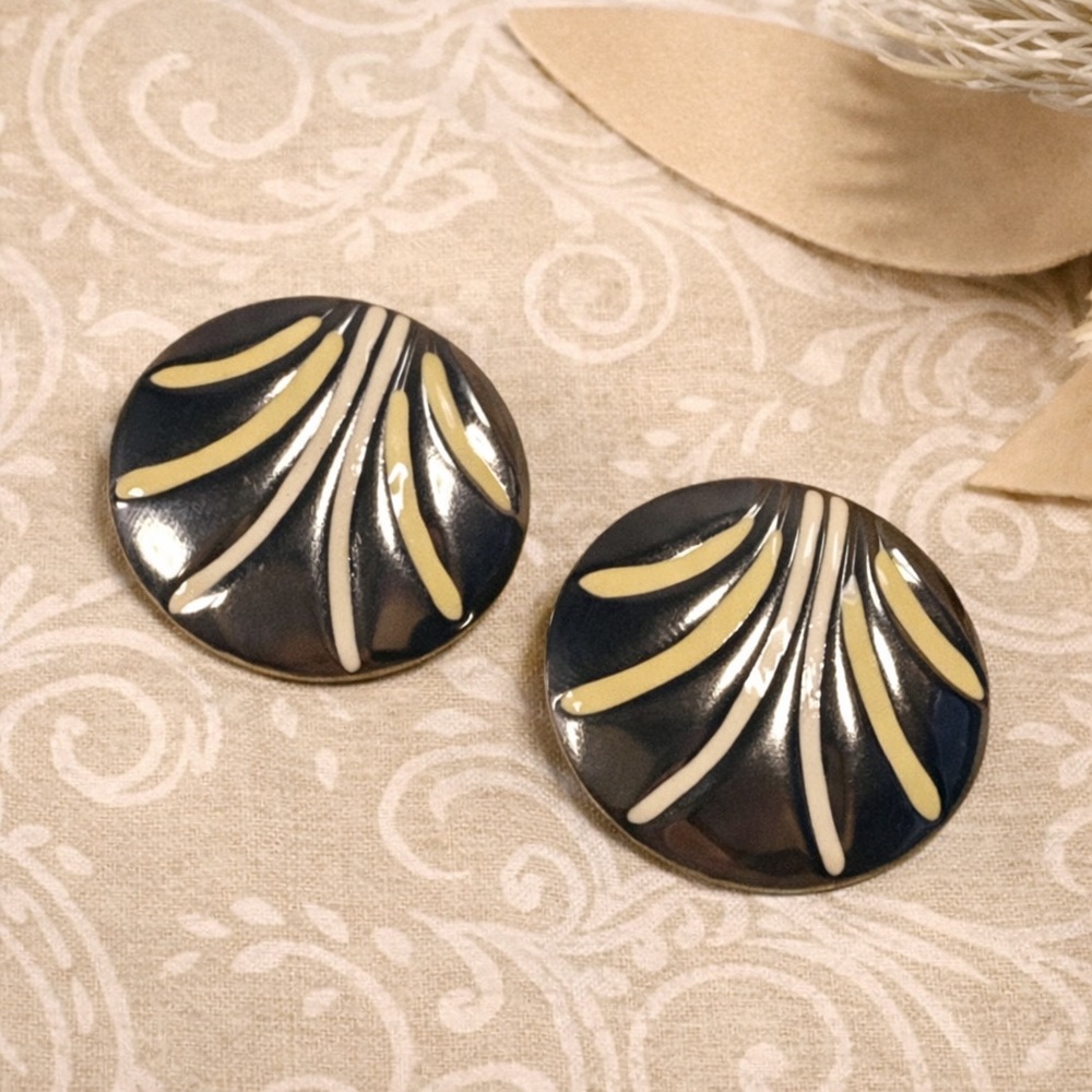 Vintage 80s Silver Tone Enamel Disc Statement Earrings Round Circle Metal